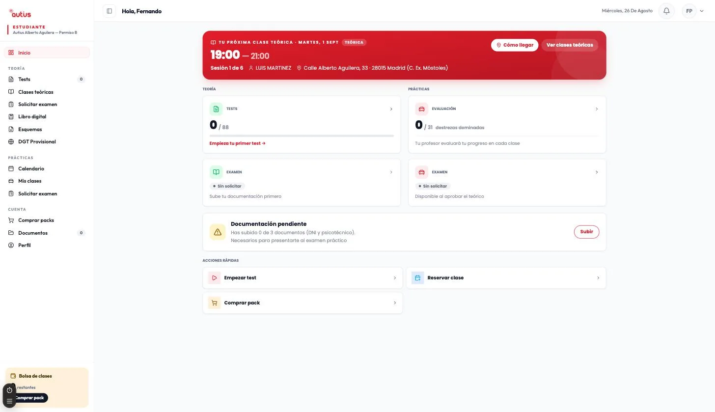 Autius student platform dashboard with next class, theory progress, and quick actions