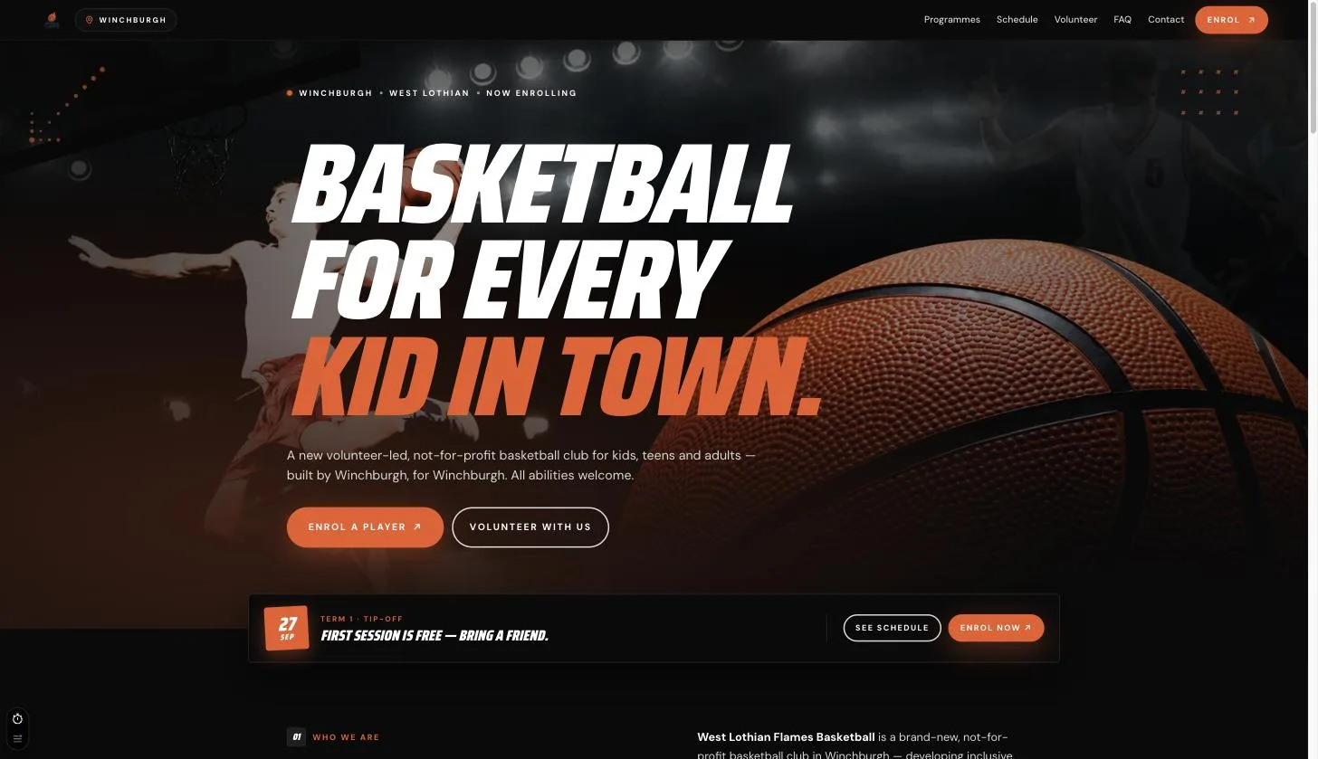 West Lothian Flames basketball club homepage concept